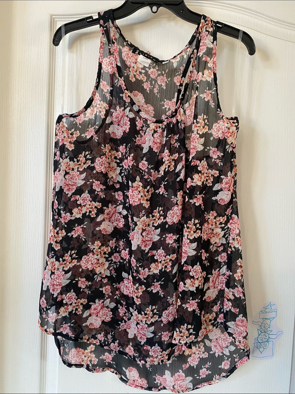 Libian Black Sheer Floral Camisole with Pink Blooms